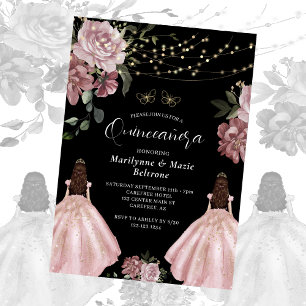 Invitación Dusty Rose Princess Floral Twins Quinceañera