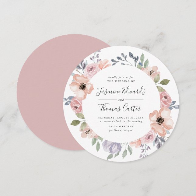 Invitación Dusty Rose Rosa Acuarela Floral | Círculo Boda (Anverso / Reverso)