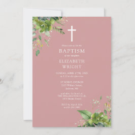 Invitación Dusty Rose Rosa Verde Monograma Bautizo