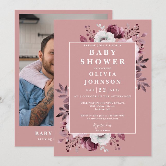 Invitación Dusty Rose Rústico País Floral Foto Baby Shower (Anverso / Reverso)