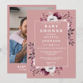 Invitación Dusty Rose Rústico País Floral Foto Baby Shower