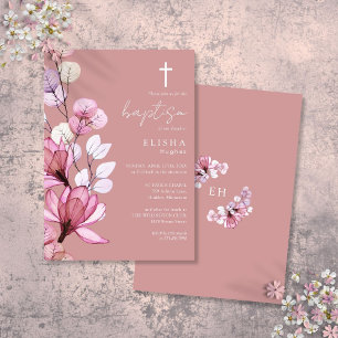 Invitación Dusty Rose Transparente Monograma Floral Bautizo