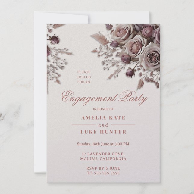 Invitación Dusty Rubor y Purple Rosa Engagement Party (Anverso)