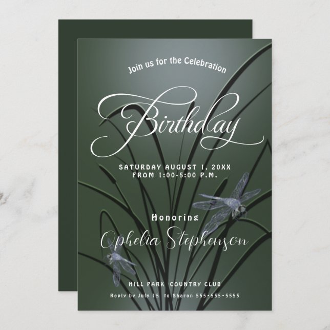 Invitación Dusty Sage Green Dragonfly Cumpleaños (Anverso / Reverso)
