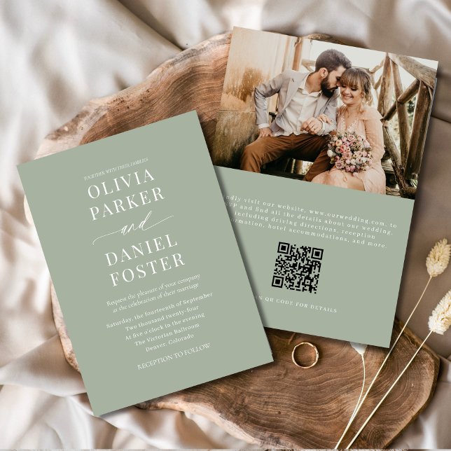 Invitación Dusty Sage Green QR Code Boda fotográfico (Subido por el creador)