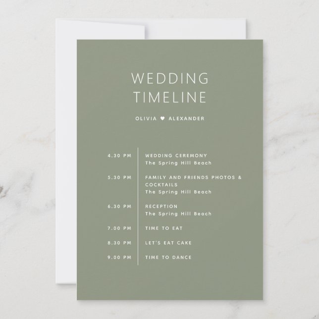 Invitación Dusty Sage Green Timeline | Wedding Itinerary  (Reverso)