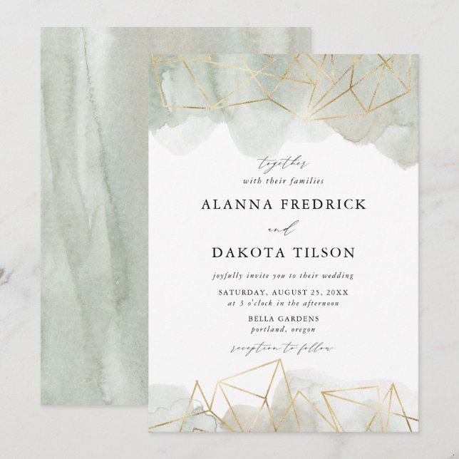 Invitación Dusty Sage Green Watercolor Gold Geométrico Boda (Anverso / Reverso)