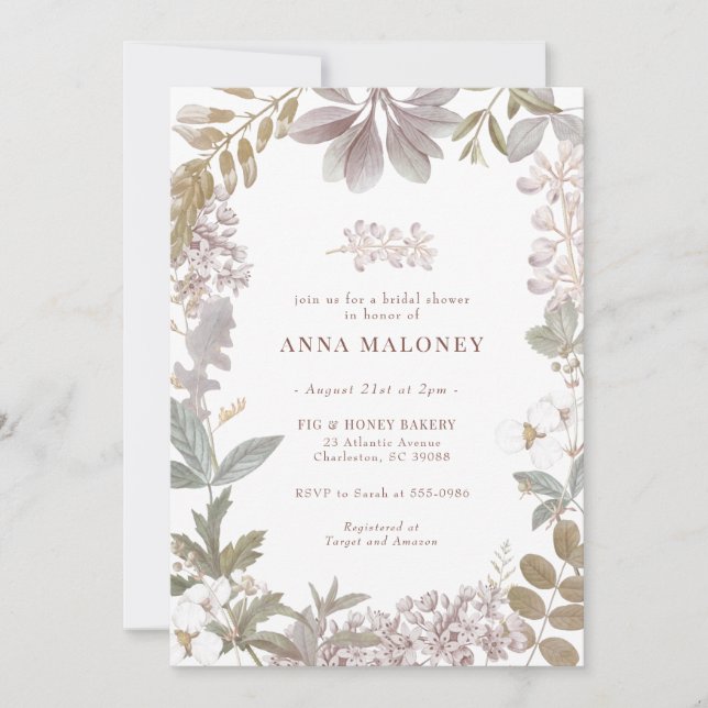 Invitación Dusty Sage Lavender Botánica Floral Bridal Shower (Anverso)