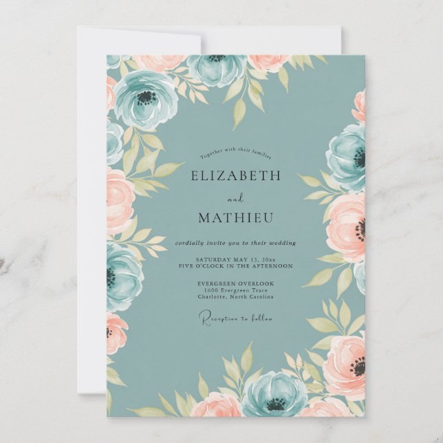 Invitación Dusty Teal Ethereal Peony Wedding (Anverso)