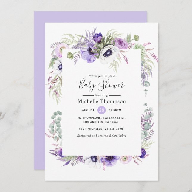 Invitación Dusty Violet Floral Baby Shower (Anverso / Reverso)