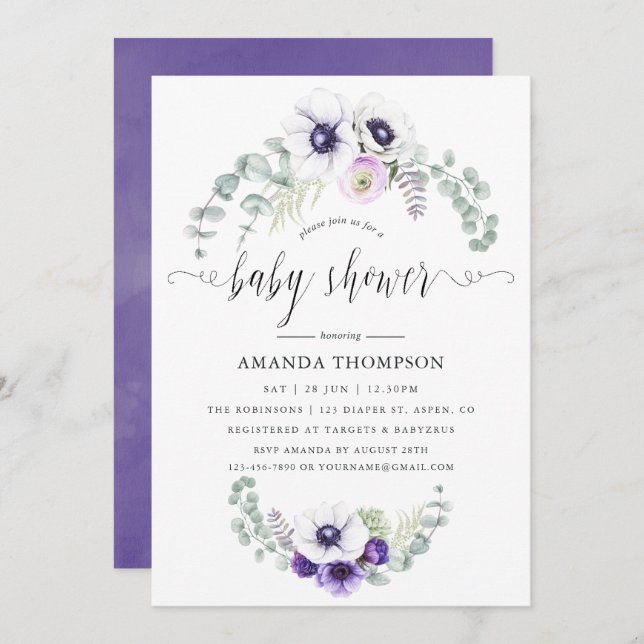 Invitación Dusty Violet Floral Baby Shower (Anverso / Reverso)