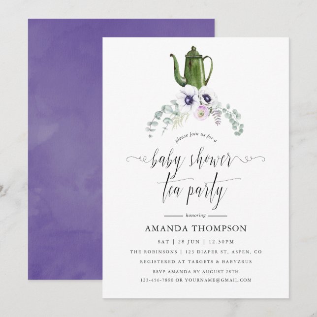 Invitación Dusty Violet Floral Baby Shower Tea Fiesta (Anverso / Reverso)