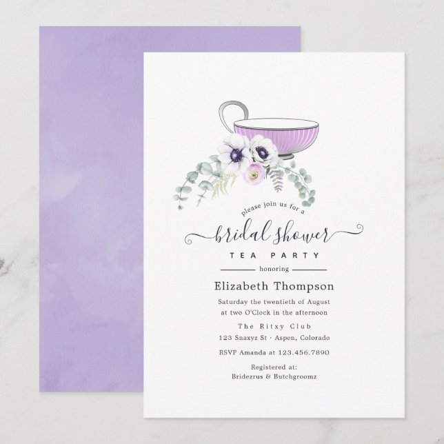 Invitación Dusty Violet Floral Bridal Shower Tea Fiesta (Anverso / Reverso)