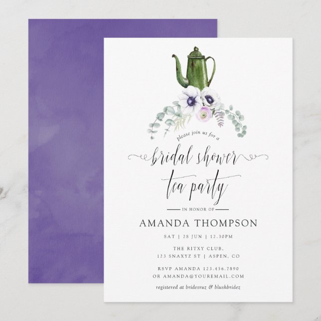 Invitación Dusty Violet Floral Bridal Shower Tea Fiesta (Anverso / Reverso)