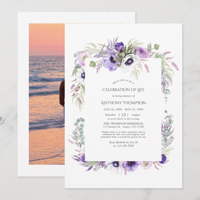 Invitación Dusty Violet Floral Celebración de la Vida (Anverso / Reverso)