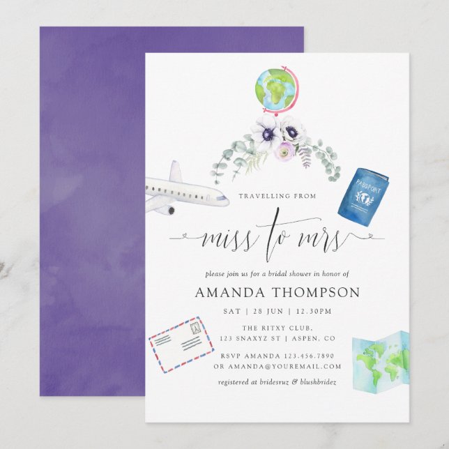 Invitación Dusty Violet Floral Miss A La Sra. Bridal Shower (Anverso / Reverso)