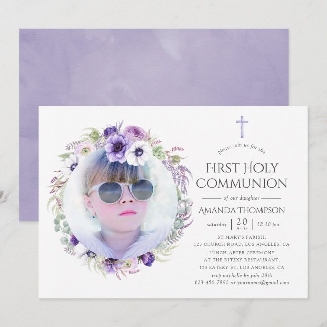 Invitación Dusty Violet Floral Primera Santa Comunión (Anverso / Reverso)