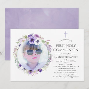 Invitación Dusty Violet Floral Primera Santa Comunión