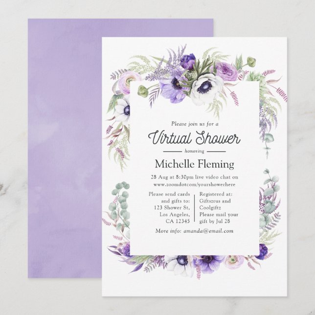 Invitación Dusty Violet Floral Virtual Baby Shower (Anverso / Reverso)