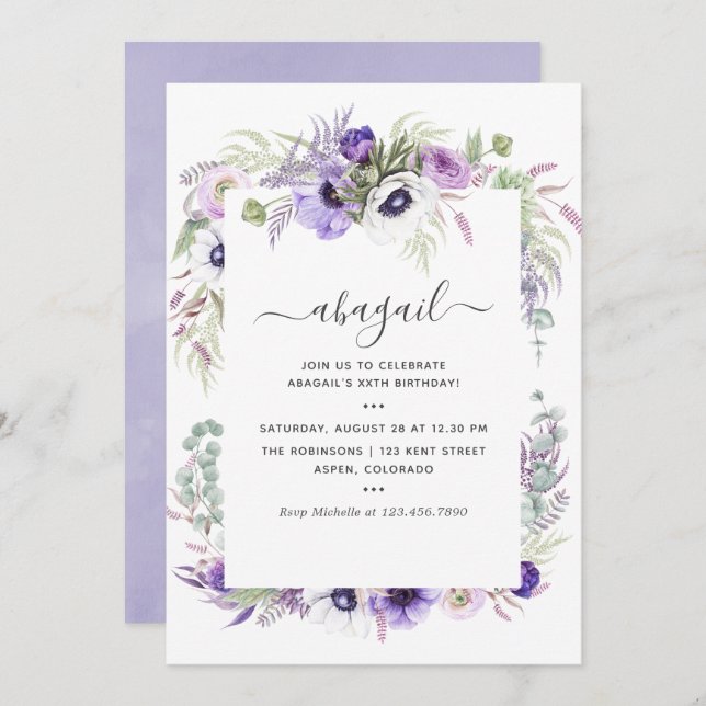 Invitación Dusty Violet Watercolor Floral Cumpleaños (Anverso / Reverso)
