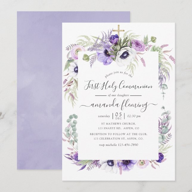 Invitación Dusty Violet Watercolor Floral Santa Comunión (Anverso / Reverso)