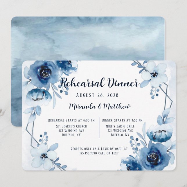 Invitación Dusty Y Navy Blue Peony Ensayo Cena (Anverso / Reverso)