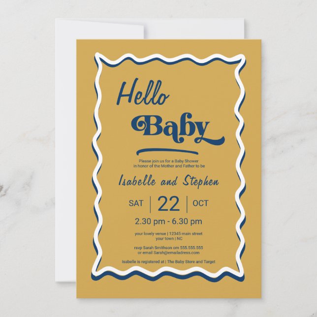 Invitación Dusty Yellow & Blue Modern Hello Baby Shower  (Anverso)