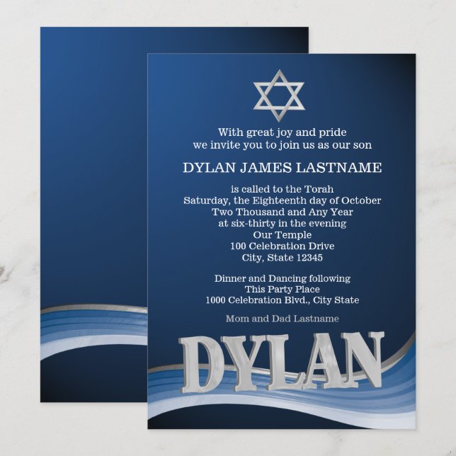 Invitación Dylan Steel Wave Name Bar Mitzvah (Anverso / Reverso)