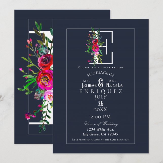 Invitación E Monograma Inicial Final Moderna Floral Azul Boda (Anverso / Reverso)