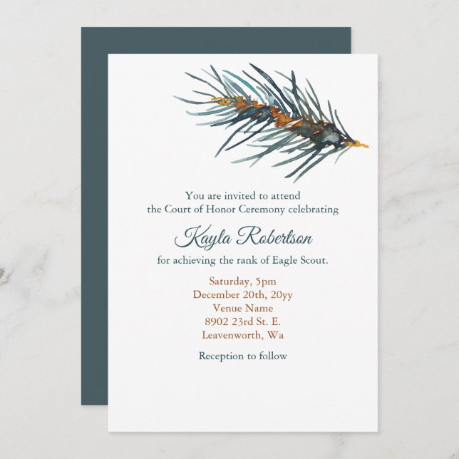 Invitación Eagle Scout, Court of Honor, Pine Needles (Anverso / Reverso)