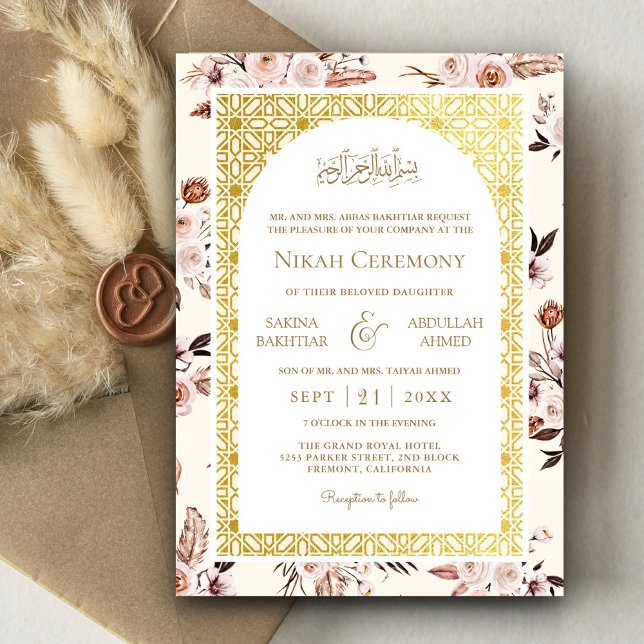 Invitación Earam Cream Floral Gold Pattern Boda musulmana (Subido por el creador)