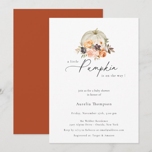Invitación Earthy Autumn Floral Pumpkin Baby Shower (Anverso / Reverso)