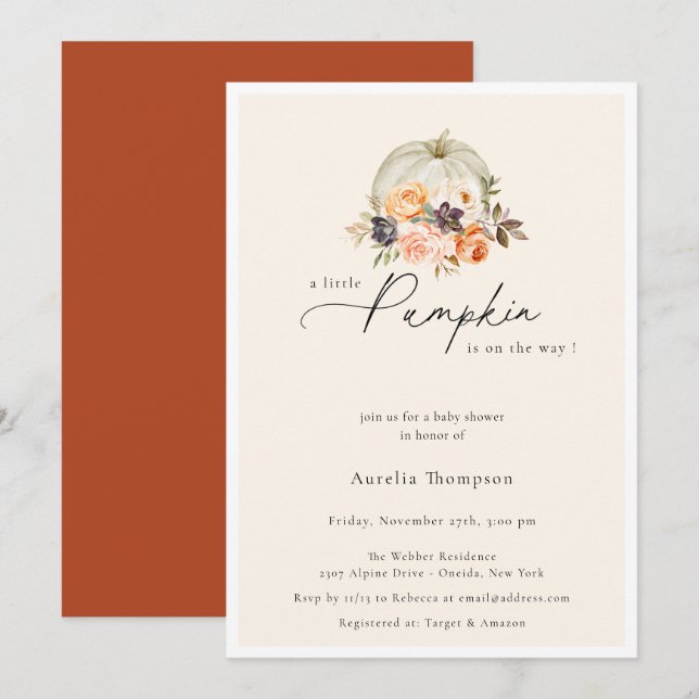 Invitación Earthy Autumn Floral Pumpkin Baby Shower (Anverso / Reverso)