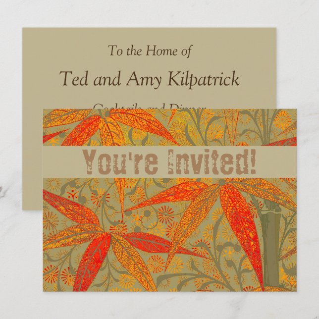 Invitación Earthy Bamboo Art Vintage Print Naranja (Anverso / Reverso)