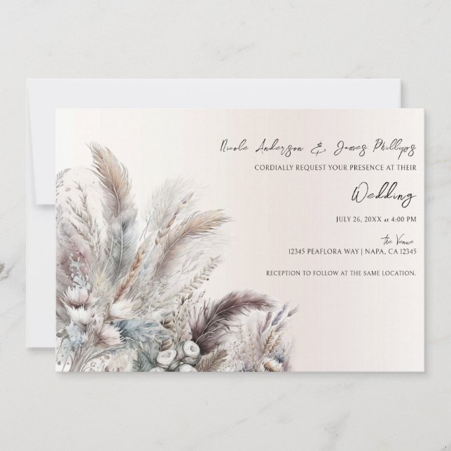 Invitación Earthy Bohemian Floral Feathers Boda (Anverso)