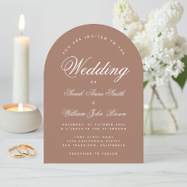 Invitación Earthy Brown Arch Simple Calligraphy Boda