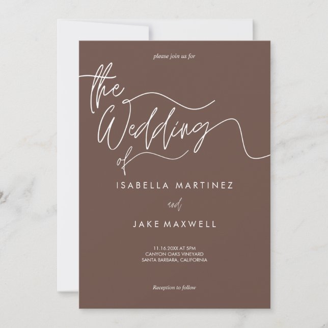 Invitación Earthy Brown & White Elegant Script Boda (Anverso)