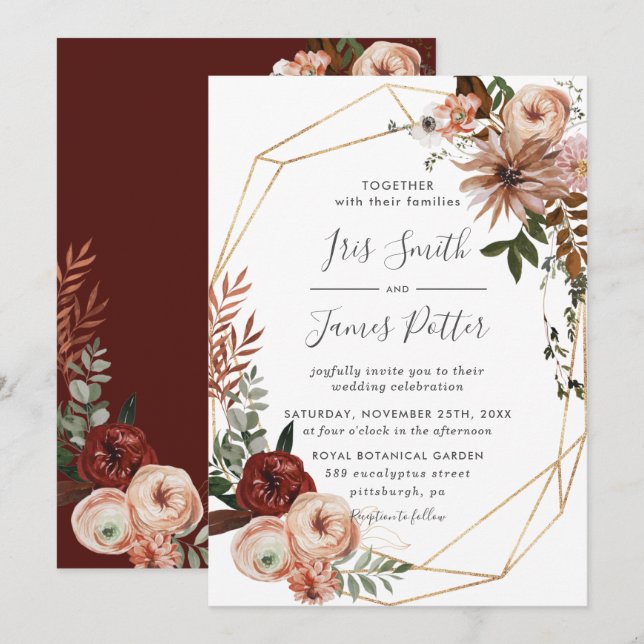Invitación Earthy Burgundy Rubor Naranja Greenery Fall Weddin (Anverso / Reverso)