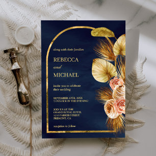 Invitación Earthy Floral Arch Dried Palm Naval Boda Azul
