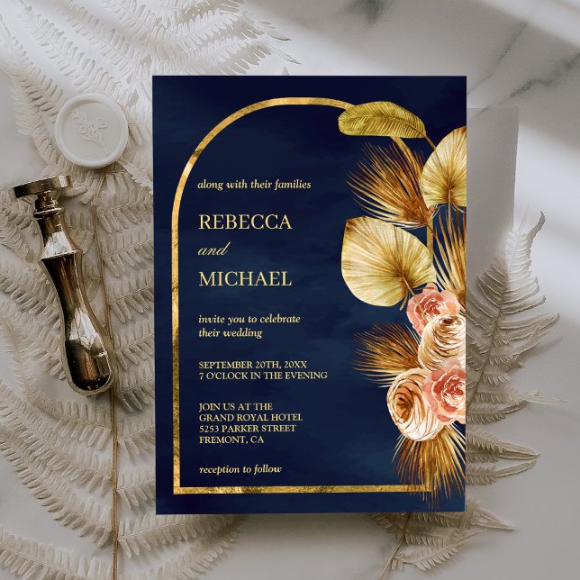 Invitación Earthy Floral Arch Dried Palm Naval Boda Azul (Subido por el creador)