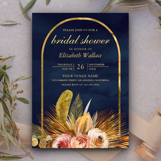 Invitación Earthy Floral Arch Gold Navy Blue Bridal Shower (Subido por el creador)