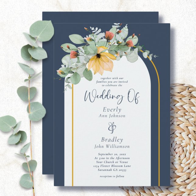 Invitación Earthy Floral Arch Naval sin foto Boda de código Q (Subido por el creador)
