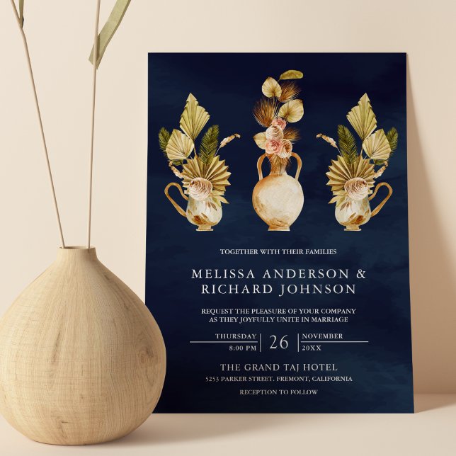 Invitación Earthy Floral Pots Dried Palm Naval Boda Azul (Subido por el creador)