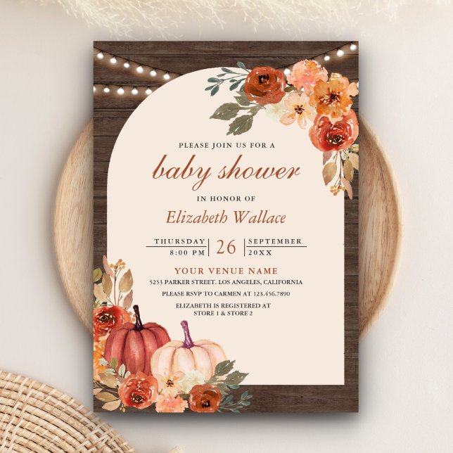 Invitación Earthy Floral Terracotta Pumpkin Wood Baby Shower (Subido por el creador)