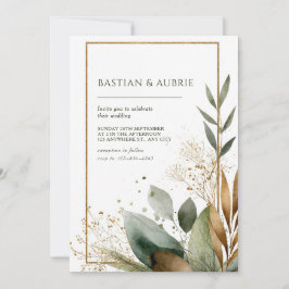 Invitación Earthy Green & Gold Minimalista Leaf Boda