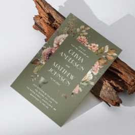 Invitación Earthy Olive Green Boda | Código QR floral de Boho