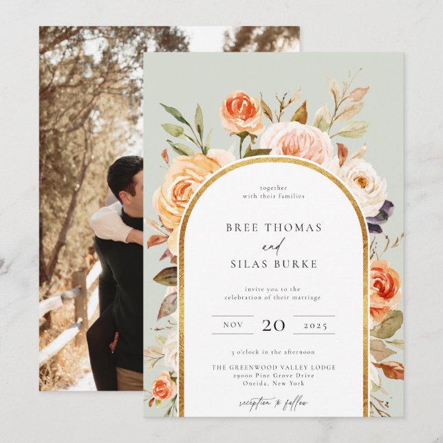 Invitación Earthy Otoño Botanical Floral Arch Frame Boda (Anverso / Reverso)