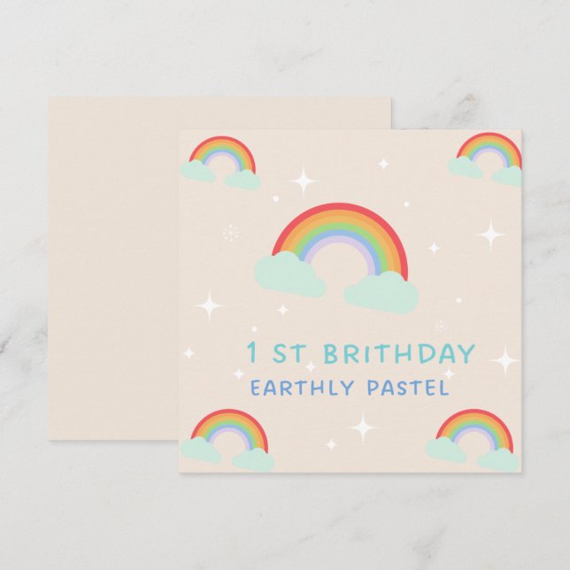 Invitación Earthy Pastel Rainbow 1º cumpleaños (Anverso / Reverso)