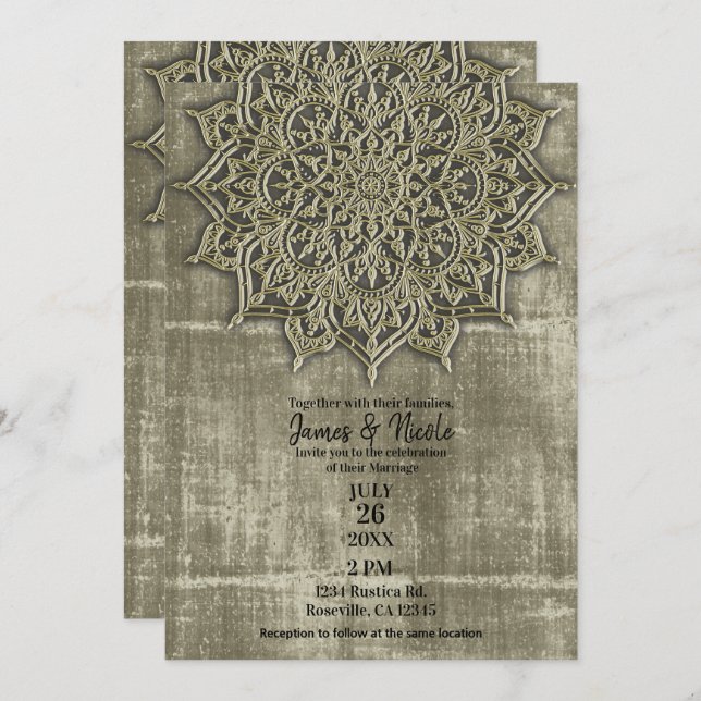 Invitación Earthy Rustic Tan Mandala Minimal Boda (Anverso / Reverso)
