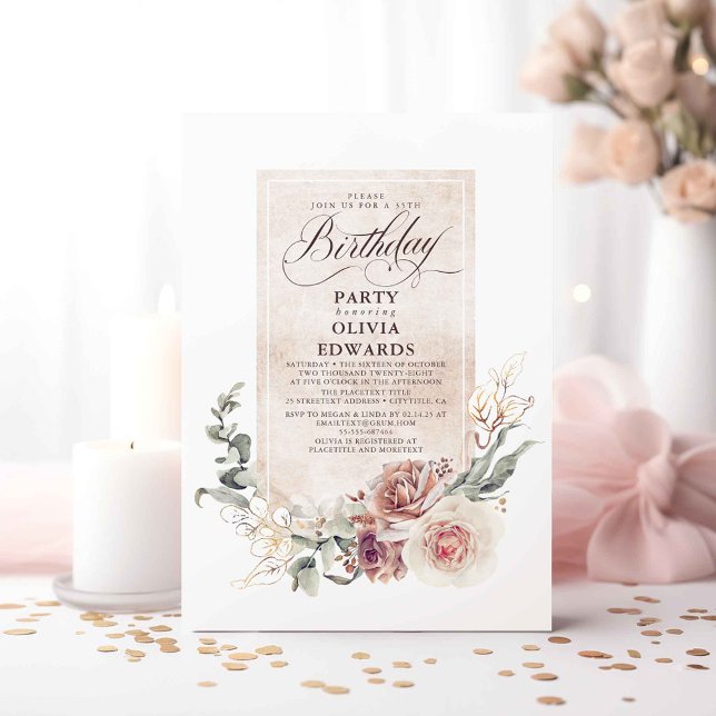 Invitación Earthy Shade Flowers Boho Elegant Birthday Party (Floral Fall Birthday Invitations)